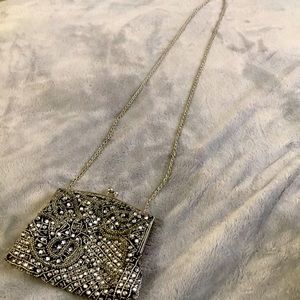 La Regale Silver Beaded Clutch- removable strap